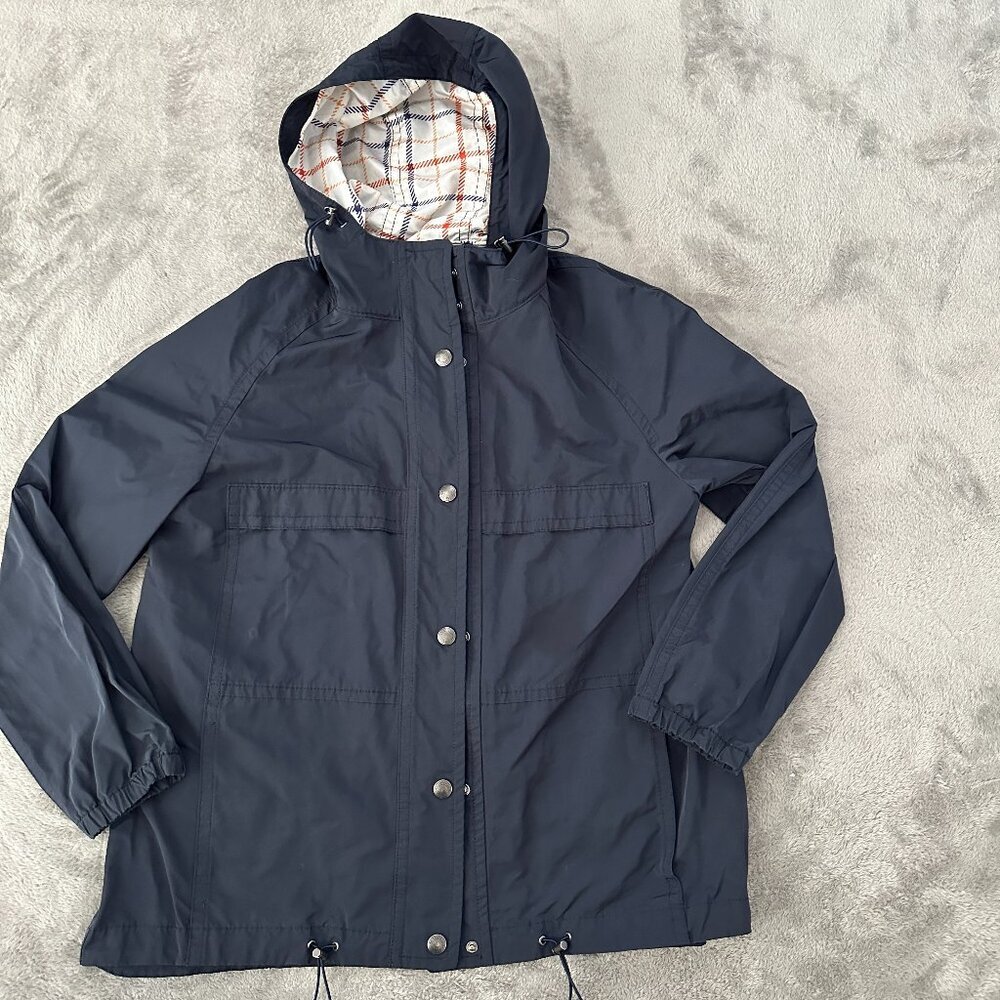 Coach Navy Blue Rain Coat MEDIUM Women's Full Zip Button Up Hooded Raincoat